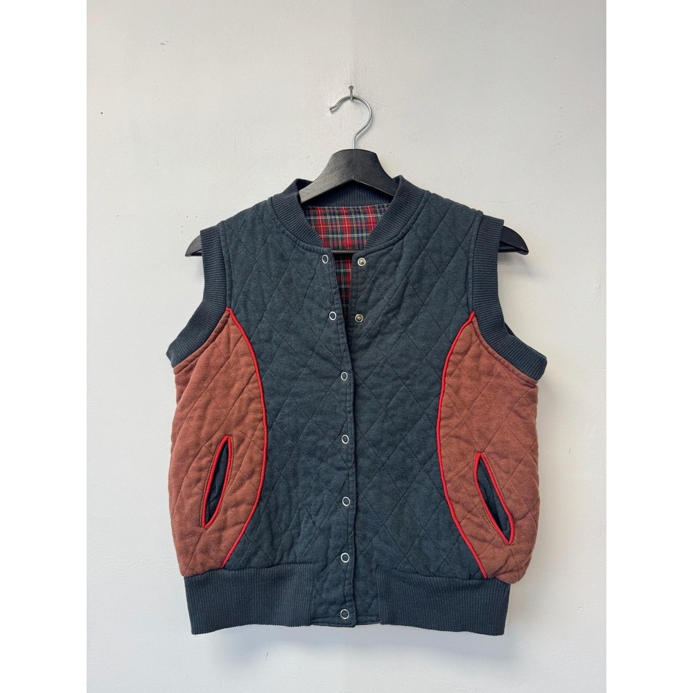 Vintage Here's A Hug Vest Mens Small Gray Quilted Plaid Lined Colorblock‎ 80s